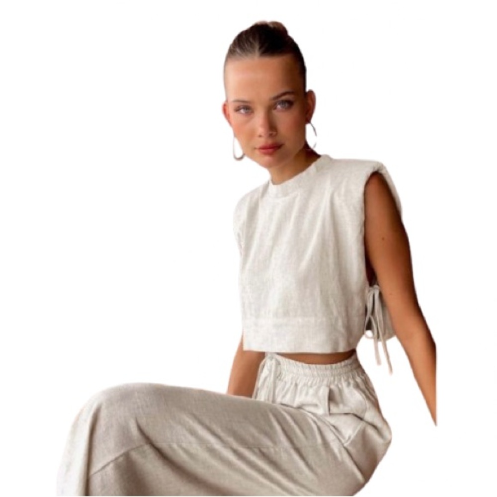 Commense Utility Stylish Beige Linen Sleeveless Crop Top with Side Ties M NWT